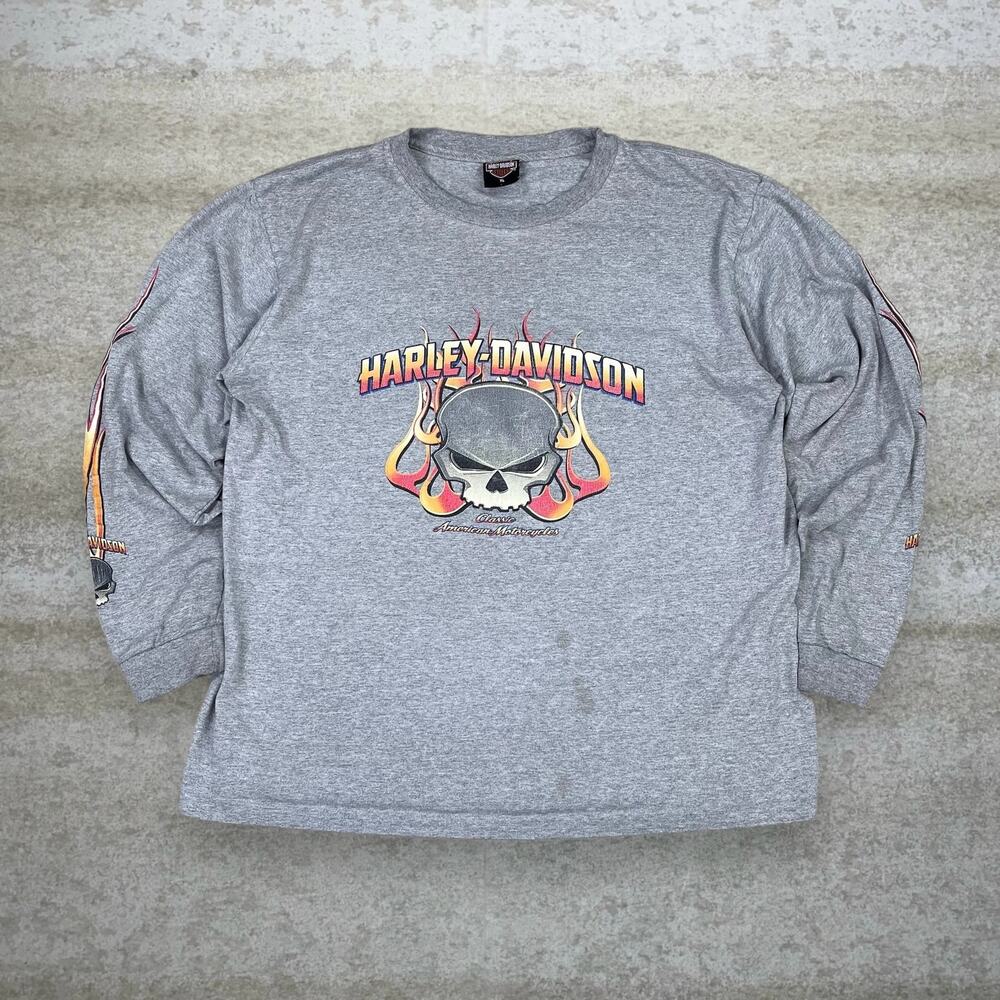 Vintage 90s Harley Davidson Shirt Mens XL Grey Crazy Flames Skull Long Sleeve
